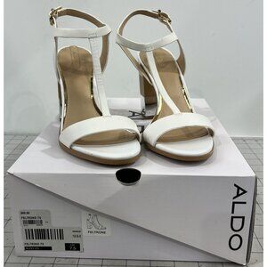 Aldo Women's Feltone-70 White Heeled Sandals Gold Accent Sz 7.5 With Box